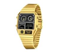 MASTOP Retro Square Analog Digital Watch with Temperature Display 3 Time Zones Luminous Backlight 50M Waterproof Alarm Stopwatch Week/Date, Gold Black, Retro Square Analog Digital Watch with