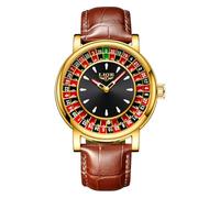 MASTOP Roulette Watch for Men Unique Luxury Quartz Analog Big Face Watch Waterproof Luminous Leather Wrist Watch Casual Fashion Style, Gold Brown, Unique Fashion