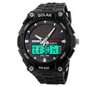MASTOP Solar Powered Energy Watch for Men Military Digital Multifunctional Led Luminous Indication 2 Time Zone 50m Waterproof Watch Reloj Solar para Hombre, Black, Men's Solar Powered Casual Quartz