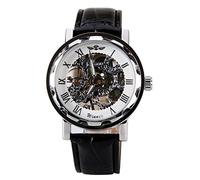 Mastop Unisex Black Leather Stylish White Skeleton Dial Hand-Wind Up Mechanical Casual Wrist Watch