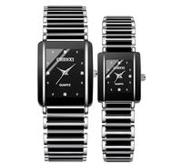 MASTOP Valentines Couple Pair Quartz Watches White Black Rectangle Stainless Steel His and Hers Wristwatch for Men Women Lovers Wedding Romantic Gifts Set of 2, Black Set