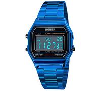 MASTOP Women's Classic Simple Petite Electronic Quartz Watch Stainless Steel Square Slim Led Digital Watch, 1123 S Blue, bracelet