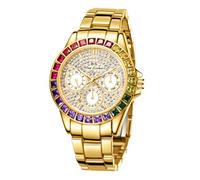 MASTOP Women's Luxury Quartz Watch Waterproof Rainbow Color Design Round Dial Stainless Steel Band, Gold, Luxury Fashion