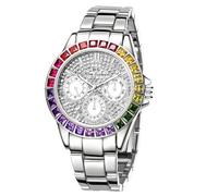 MASTOP Women's Luxury Quartz Watch Waterproof Rainbow Color Design Round Dial Stainless Steel Band, Silver, Luxury Fashion