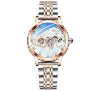 MASTOP Women's Sapphire Watches Automatic Steampunk Self Winding Mechanical Gold Bracelet Ladies Skeleton Wrist Watch Leather Strap for Ladies Famale, Steel Love