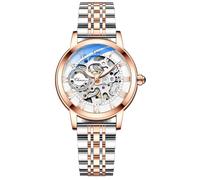 MASTOP Women's Sapphire Watches Automatic Steampunk Self Winding Mechanical Gold Bracelet Ladies Skeleton Wrist Watch Leather Strap for Ladies Famale, Steel Silver Rose