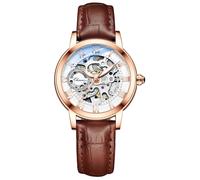 MASTOP Women's Sapphire Watches Automatic Steampunk Self Winding Mechanical Gold Bracelet Ladies Skeleton Wrist Watch Leather Strap for Ladies Famale, Brown Gold, Classic