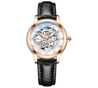 MASTOP Women's Sapphire Watches Automatic Steampunk Self Winding Mechanical Gold Bracelet Ladies Skeleton Wrist Watch Leather Strap for Ladies Famale, Black Gold
