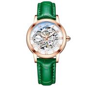 MASTOP Women's Sapphire Watches Automatic Steampunk Self Winding Mechanical Gold Bracelet Ladies Skeleton Wrist Watch Leather Strap for Ladies Famale, Green Gold