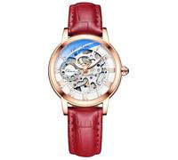 MASTOP Women's Sapphire Watches Automatic Steampunk Self Winding Mechanical Gold Bracelet Ladies Skeleton Wrist Watch Leather Strap for Ladies Famale, Red Gold