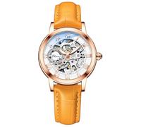 MASTOP Women's Sapphire Watches, Automatic, Steampunk, Self-Winding, Mechanical Gold Bracelet, Skeleton Wrist Watch, Leather Strap for Women, Famale, Orange gold, Strap.
