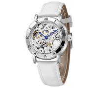 MASTOP Women's Watches Automatic Steampunk Self Winding Mechanical Silver Bracelet Ladies Skeleton Wrist Watch, Leather White, Fashion