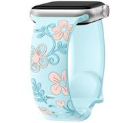 Mastten Floral Strap Compatible with Apple Watch Straps 44mm 45mm 46mm 42mm 49mm Women, Cute Flower Engraved Inlay Silicone Sport Band for iWatch SE Series 10 9 8 7 6 5 4 3 2 1 Ultra, Baby Blue
