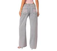 MASUCOR Bow Jeans for Women Cute Pink Bow Jeans Baggy Jeans with Bows on Back Pockets Bow Embroidered Pocket Jeans Mid Waist Straight Wide Leg Jeans Y2K Boyfriend(Blue,S)