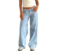 MASUCOR Cargo Jeans Women Y2k Baggy Wide Leg Denim Pants Low Waist with Pockets Loose Streetwear Jeans Casual Pants Boyfriend Jeans Solid Color Washed(Light Blue,S)
