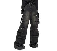 MASUCOR Men's Baggy Washed Patchwork Jeans Loose Fit Wide Leg Straight Denim Pants Streetwear Y2k Jeans Casual Patch Jeans High Waist Multi Pocket Stylish Cargo Denim Pants Hip Hop(M)