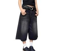 MASUCOR Women Y2k Denim Shorts Low Rise Wide Leg Knee Length Long Jean Shorts Summer Cow Girl Baggy Jorts Washed Vintage Denim Shorts Unisex Hip Hop Loose Fit Cropped Pants(Black,L)