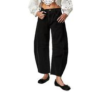 MASUCOR Women's Baggy Barrel Jeans Cropped Loose Boyfriend Wide Leg Mid Rise Ankle Denim Pants with Pockets Button Placket Y2K Style Streetwear Solid Color Tapered Jeans(Black,M)