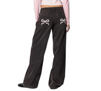 MASUCOR Women's Black Bow Embroidered Mid Rise Straight Leg Loose Fit Jeans with Bows on Back Pockets Size L