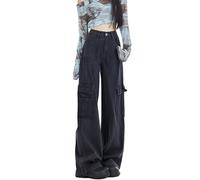MASUCOR Women's Cargo Stretch Trousers Teenagers Girls Harem Trousers with Pockets High Waist Jogging Trousers Leisure Outdoor Fashion Casual Wide Leg Cotton Loose Fit (Color : Black, Size : S)