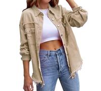 MASUCOR Women's Denim Jacket Ladies Vintage Short Jean Jackets Distressed Frayed Hem Button Down Sweatshirt Y2K Aesthetic Top Cardigan Spring Summer Autumn(Beige,L)