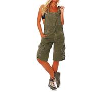 MASUCOR Women's Dungarees Short Jeans Bib Pants Casual Loose Overall Baggy Jumpsuit Women's Denim Straight Leg Cargo Pants Knee Length Summer Overall with Pockets Solid Color(Green,M)