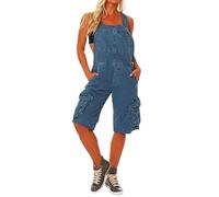 MASUCOR Women's Dungarees Short Jeans Bib Pants Casual Loose Overall Baggy Jumpsuit Women's Denim Straight Leg Cargo Pants Knee Length Summer Overall with Pockets Solid Color(Blue,M)