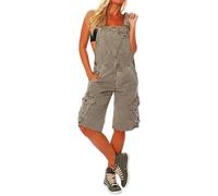 MASUCOR Women's Dungarees Short Jeans Bib Pants Casual Loose Overall Baggy Jumpsuit Women's Denim Straight Leg Cargo Pants Knee Length Summer Overall with Pockets Solid Color(Gray,S)
