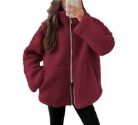 MASUCOR Women's Lambswool Fleece Coat Warm Brown Winter Jacket Women's Fluffy Plush Jacket Double Slider Zipper Sweatshirt with Pockets Faux Fur Coat(Red,L)