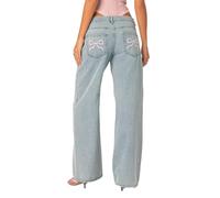 MASUCOR Women's Light Blue Bow Jeans, Baggy, High Rise, Straight Leg, Mid Waist, Pink Bow Embroidery, Y2K Style, Size M