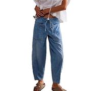 MASUCOR Women's Wide Leg Baggy Jeans Elastic Low Rise Barrel Jean Loose Boyfriend Denim Pants with Drawstring Casual Loose Cropped Pants with Pockets Y2K Style(Blue,XS)