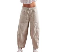 MASUCOR Women's Wide Leg Baggy Jeans Elastic Low Rise Barrel Jean Loose Boyfriend Denim Pants with Drawstring Casual Loose Cropped Pants with Pockets Y2K Style(Beige,XS)