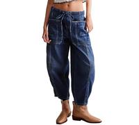 MASUCOR Women's Wide Leg Baggy Jeans Elastic Low Rise Barrel Jean Loose Boyfriend Denim Pants with Drawstring Casual Loose Cropped Pants with Pockets Y2K Style(Dark Blue,XL)