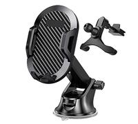 MasYosh Car Phone Holder, Carbon Fiber Style Panel with 360 Degree Adjustable Ball Joint and Anti-Shake Silicone Damping, for Windshield Dashboard Air Vent Desktop (Suction cup + triangular air