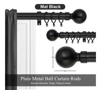 (Mat Black- Plain Ball, 120-210 cm (48" - 83" In)) Extendable Metal Curtain Pole Finals Rings & Rod Fittings