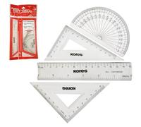 MAT-GEO 4Pcs Geometry Maths Set, Pack of 1, Protractor (180°), Set Squares (30°/45°/60°), Ruler (15cm), Perfect for School Home Use