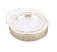MATANA 100 Premium Clear Plastic Dessert Plates with Gold Rim - 19cm / 7 Inch - Elegant & Reusable Small Side Plates, Starter Plates for Weddings, Birthdays, Picnic, Parties