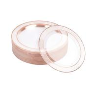 MATANA 100 Premium Clear Plastic Dessert Plates with Rose Gold Rim, 19cm / 7 Inch - Elegant & Reusable Small Side Plates, Starter Plates for Weddings, Birthdays, Picnic, BBQ, Parties