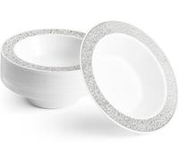 MATANA 100 Premium White Plastic Bowls with Silver Lace Rim, 360ml - Elegant, Sturdy & Reusable - Soup Dessert Bowls for Weddings, Birthdays, BBQ, Parties