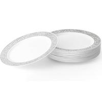 MATANA 100 Premium White Plastic Dessert Plates with Silver Rim, 19cm / 7.5 Inch - Elegant & Reusable Side Plates for Weddings, Birthdays, Picnic, BBQ, Parties
