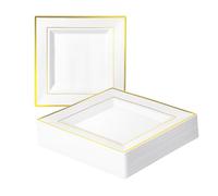 MATANA 100 Premium White Square Plastic Dinner Plates with Gold Rim, 24cm / 9 Inch - Elegant & Reusable Party Plates for Christmas, Weddings, Birthdays, Picnic, BBQ, Parties