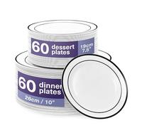 MATANA 120 Premium White Plastic Plates with Black Rim - 60 26cm Dinner, 60 19cm Side Plates - Elegant, Unbreakable & Reusable for Weddings, Birthdays, Picnic, Parties