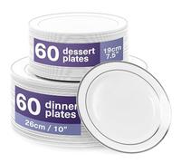 MATANA 120 Premium White Plastic Plates with Silver Rim - 60 Dinner & 60 Dessert Plates - Elegant, Unbreakable & Reusable Party Tableware for Weddings, Birthdays, Picnic, Parties