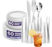 MATANA 120 Premium White Plastic Plates with Silver Rim (60 x 25cm & 60 x 18cm), 60 Clear Cups with Glitter (285ml) & 180 Plastic Cutlery Set - (60 Knives, 60 Forks & 60 Spoons)