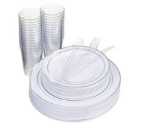 Matana 150 Pieces White and Silver Plastic Tableware for 25 People - Large Plates, Dessert Plates, Glasses and Silver Glitter Cutlery - Reusable - Weddings, Birthdays, Christmas and Parties