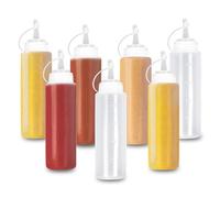 MATANA 16 Plastic Squeeze Sauce Bottles with Nozzles, 240ml - Condiments, Sauces, Ketchup, Dressings, Mustard, Olive Oil - BPA-Free & Dishwasher Safe