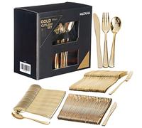 MATANA - 180 Elegant Gold Plastic Cutlery Set - 60 Knives, 60 Forks, 60 Spoons - Hand Washable, Reusable & Heavy Duty Tableware for Weddings, Birthday, Parties & Events