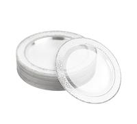 MATANA 20 Premium Clear Hard Plastic Dinner Plates with Hammered Silver Rim, 26cm / 10 Inch - Elegant & Reusable Party Plates for Weddings, Birthdays, Christmas, Parties