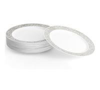 MATANA 20 Premium White Plastic Dinner Plates with Silver Lace Rim, 26cm / 10 Inch - Elegant & Reusable Party Tableware for Weddings, Birthdays, Picnic, BBQ, Parties