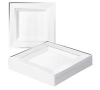 MATANA 20 Premium White Square Plastic Dinner Plates with Silver Rim, 24cm / 9 Inch - Elegant & Reusable Party Plates for Weddings, Birthdays, Picnic, BBQ, Parties